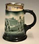 Fine Lenox ceramic and silver rimmed golfing tankard c1900 – decorated with a golfer putting watched