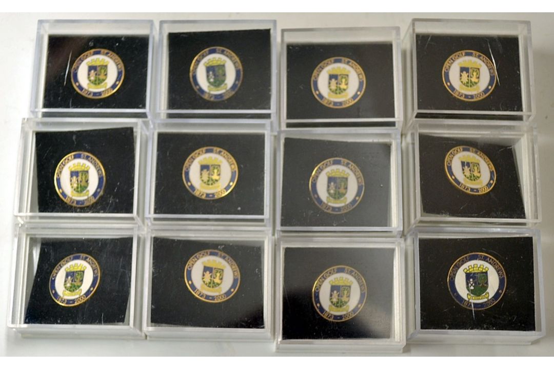 2000 St Andrews Open Golf Championship Enamel lapel badges: 12 in total all in individual boxes