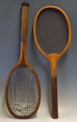 Two Wooden Tennis Rackets to include a Clapshaw & Cleave racket with convex wedge double centre