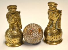 2x Brass Dunlop Style Caddie figures c/w with their ding-a-lings - together with Spalding No. 4 used