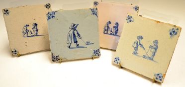 4x early Dutch Delft Golfing Scene Tiles - in blue and white with large single Kolfing figure (one
