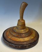Bavarian Curling Stone an early example with a cone shaped wooden body with handle and metallic band