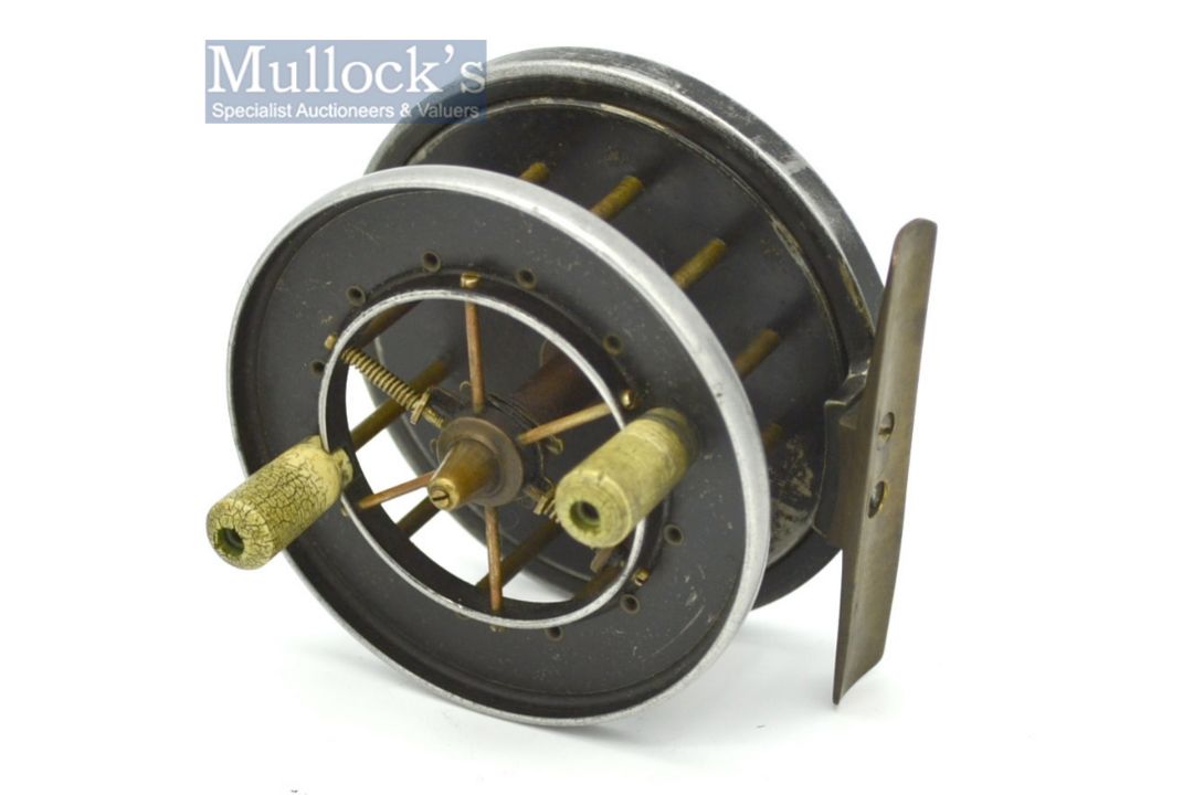 Allcocks Aerial Popular 3” wide alloy drum centre pin reel - smooth brass foot, on-off check - Image 1 of 2