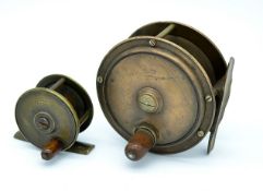 2x Prickman Exeter brass reels – to incl Hercules style 3.5” fly reel – with ebonite back plate,