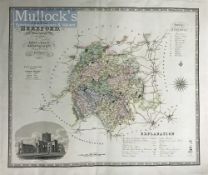 1834 C&I Greenwood Map of Hereford hand coloured with engraved view of Hereford Cathedral,