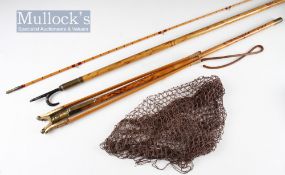 Collection of early fishing accessories (3); fine wooden and brass folding landing net c/w brass