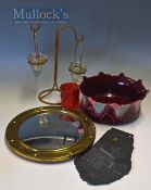 Art Deco Gilt Iron and Heavy Moulded Twin Posey Holder plus small porthole mirror with brass