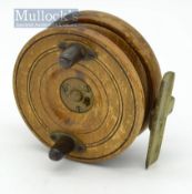 Farlow London Nottingham brass strap reel – 3.5” dia with 3x screw drum release latch – brass foot