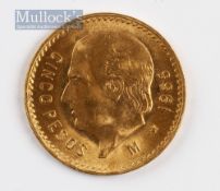1955 Mexican 5 Pesos Gold coin Weight (grams): 4.16 Pure gold Fineness: 900.0 Dimensions: 19mm
