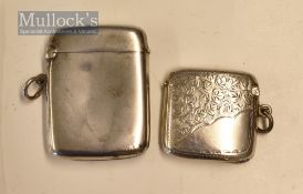 Two Silver Vest Cases one decorated with floral design, hallmarked, the other plain, hallmarked