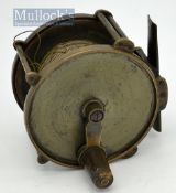 Scarce J Warner Redditch early heavy brass wide drum trolling winch salmon reel: 3.3/4