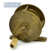 Scarce Header Plymouth 2” brass crank wind trout fly reel - curved crank arm with horn knob,