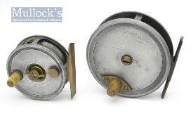 2x J Webber & Sons Exeter alloy fly reels – 2.75” centre brake with smooth alloy foot, on/off check,