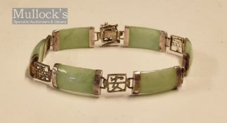 Silver and Jade Bracelet marked 925 with oriental links and clasp, 6x rectangular stones, length