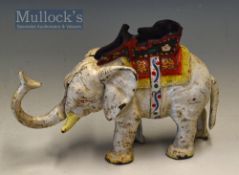 Vintage Iron Mechanical Elephant Money Box Piggy Bank decorated in white, with floral design, pull