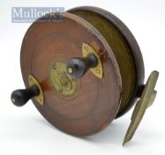 Allcocks large Nottingham and brass star reel – 5.5” dia – with slater spring drum latch, rear brass