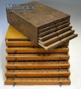 2x wooden fly chests – to incl wide rectangular light stained chest with 6x drawers each lined