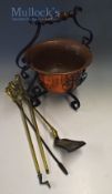 Copper and Wrought Iron Coal Receiver complete with handle together with a set of heavy brass