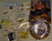 Battle of Britain Related items to include Royal Doulton proof plate, 3 Spitfire fund badges, Signed