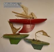 3x Star Yacht Wooden Sailing Model Boats all appear with some wear, masts and sails missing in