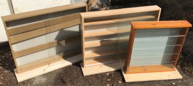 3x Wood and Glass Model Display Cabinets with glass sliding doors, wooden shelves etc. Please
