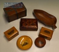 Selection of Mauchline Ware Boxes/Dishes various views one nicely marked for T. Bowman, with two