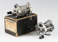 Pair of Milwards pattern bait casting multiplier reels, Milward Spinover Mk II, hinged foot, twin
