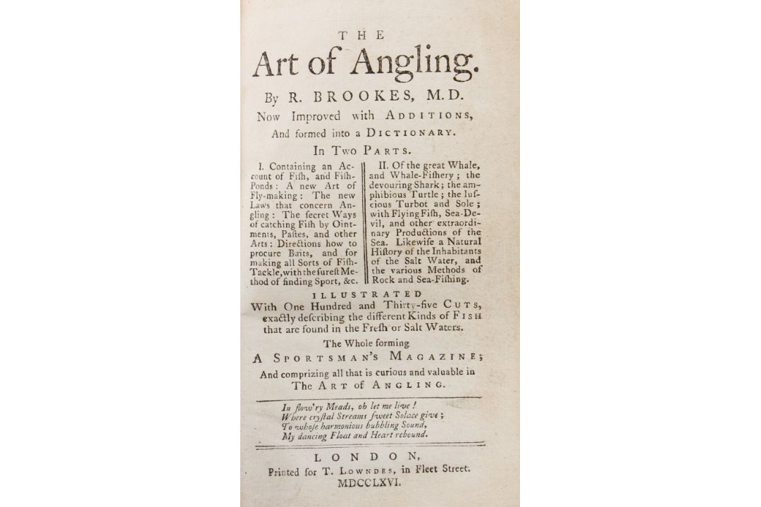 Brookes, R – The Art of Angling 1766 printed by T Lowndes, engraved frontis plate 135 woodcuts of - Image 2 of 2