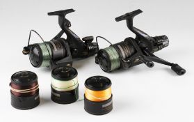 Pair of Shimano Aero GT Baitrunner 6010 carp reels: twin handle, 4 bearings, free spool, rear drag