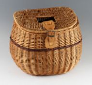 Fine wicker fishing tackle basket/creel – c/w the original leather and webbing shoulder strap