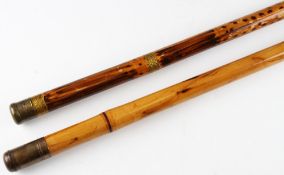 2x good decorative mottled whole cane landing net/gaff/rod tip tubes fitted with brass butt caps