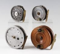Collection of 4 Reels: To include 4”Wooden brass star back 2 handled reel, Cummins of Bishop