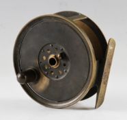 J.B Moscrop Manchester Patent Large Brass Salmon Reel: 4.5” dia with horn handle, face plate tension