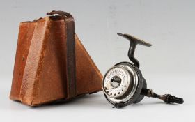 Illingworth Threadline Reel and case: early 1913 Pat No.3 bronze threadline reel with pig tail