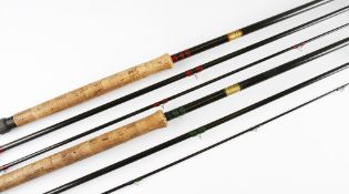 2x Rob Wilson Brora carbon fly rods: 14ft 3pc - line 10# with green whipping – soiled cork handle