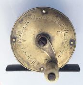 Extremely scarce Ustonson 48 Bell Yard, Temple Bar, London brass fly reel c.1840: 2 1/4” dia ,single