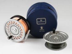 Hardy Marquis Disc 9/10/11 salmon fly reel and spare spool (2) 4” dia black frame, silver drum,