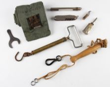 Fishing Accessories, To include Fishing knife, priest, oil bottle, thermometer, spanner, salter