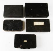 4x various black japanned lure/bait and fly tins: Hardy’s Multum-in-Parvo” spinners box (one lid