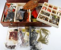 Large mahogany fly tying box and materials – include loads of various capes, feather and fur, fly