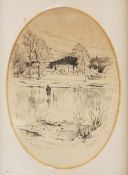 1846 Original Fishing Pen & Ink Drawing, Featuring a fisherman in the river at Abbotsford on the