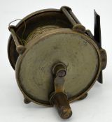 Scarce J Warner Redditch early heavy brass wide drum trolling winch salmon reel: 3.3/4