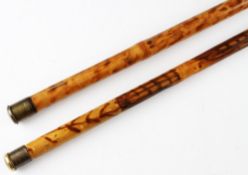2x good decorative mottled whole cane landing net/gaff/rod tip tubes fitted with brass butt caps