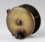 W.J Cummings Maker Bishop Auckland brass wide drum salmon fly reel - 3.5” dia, horn handle, owners