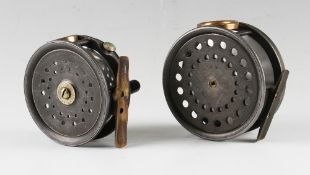 J S Sharp Aberdeen Reel: The Scottie 3.5” with smooth 2 screw brass foot missing 1 screw, perforated