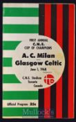 1968 AC Milan v Glasgow Celtic Football Programmes First Annual C.N.E. Cup of Champions date 1 June,