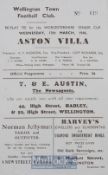 1945/46 Wellington Town v Aston Villa 13 March 1946 football programme for the Worcestershire senior