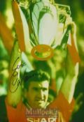 Eric Cantona Signed Manchester United Football Print in Manchester United kit, signed in black ink