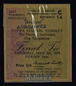 1958 FA Cup Final ticket from Wembley 3 May 1958. Fixture written on front, o/wise Good.