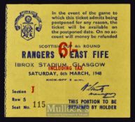 1948 Rangers v East Fife Football Ticket Scottish Cup 4th Round at Ibrox Stadium, Glasgow, 6